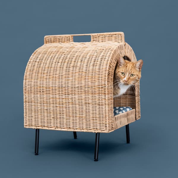 Wicker cat house with orange cat inside