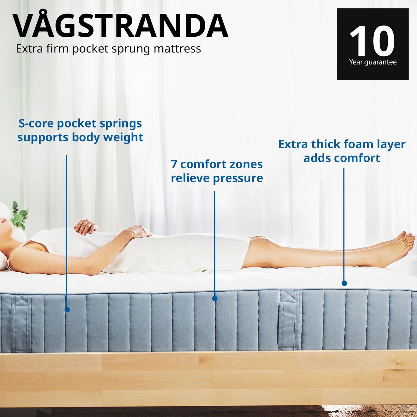 Wide shot of a woman lying sideways on a VAGSTRANDA mattress highlighting the benefits. Comes with 10 year guarantee.