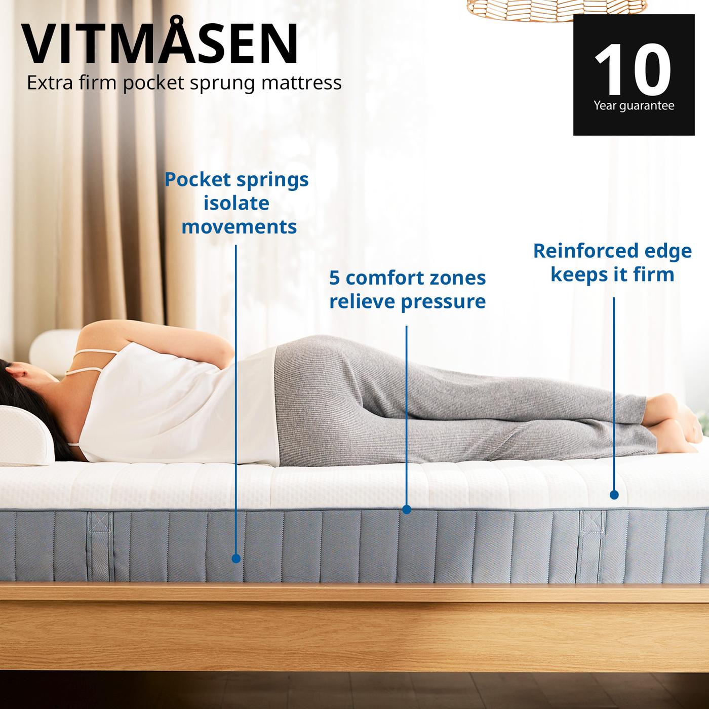 Wide shot of a woman lying sideways on a VITMASEN mattress highlighting the benefits. Comes with 10 year guarantee.