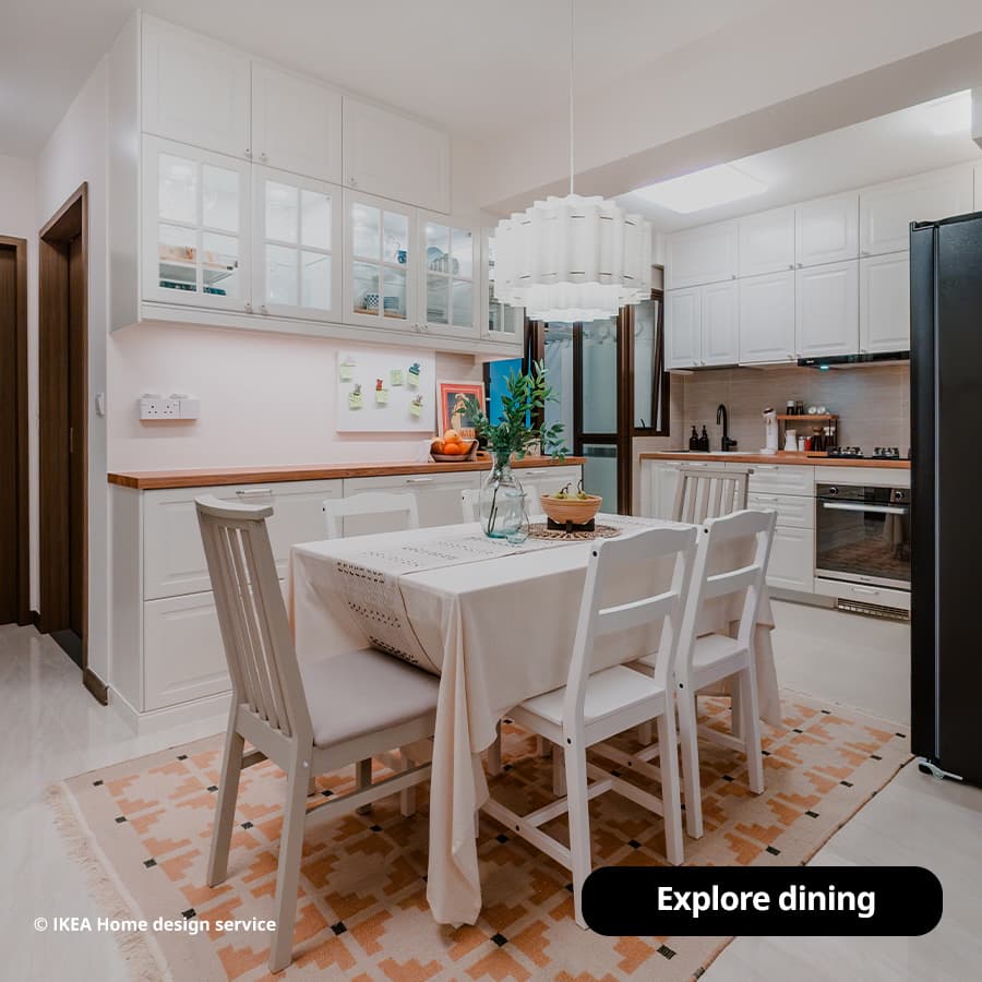 Wide shot of dining area featuring extendable NÄSINGE dining table, HAUGA and NÄSINGE chairs from a traditional modern 4-room BTO flat in MacPherson, Singapore, designed by IKEA Home design service.