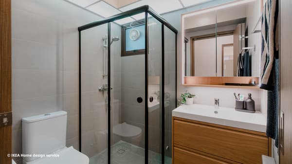 Wide shot of IKEA bathroom from a traditional modern 4-room BTO flat in MacPherson, Singapore, designed by IKEA Home design service.