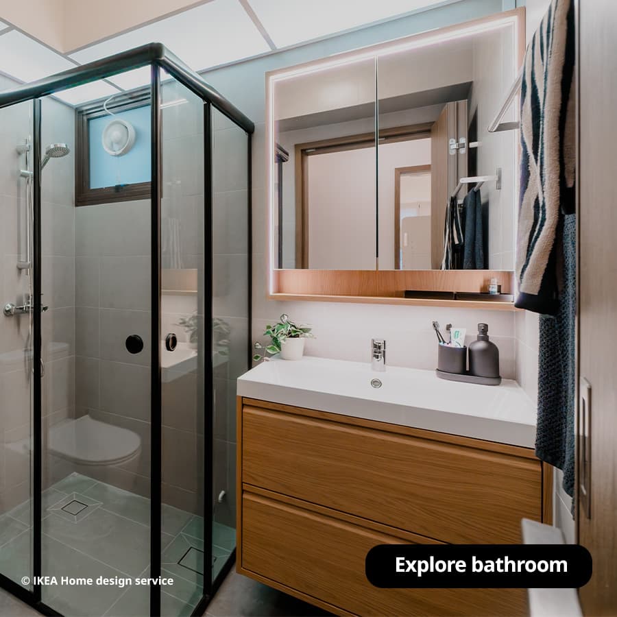 Wide shot of IKEA bathroom from a traditional modern 4-room BTO flat in MacPherson, Singapore, designed by IKEA Home design service.