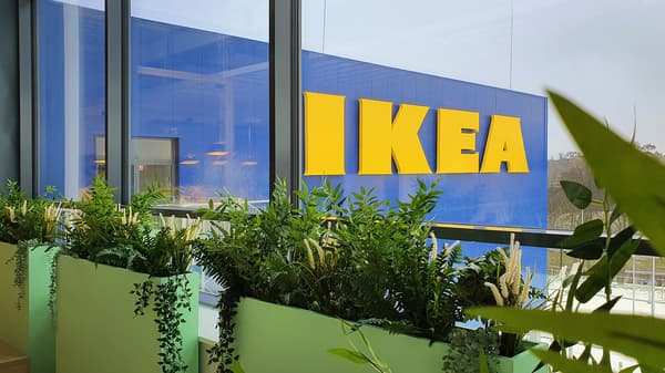 Widok na sklep IKEA przez okno. Widoczne logo marki - żółty napis IKEA na niebieskim tle.