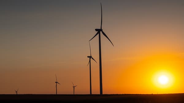 Windräder stehen auf einem Feld vor einer strahlenden Sonne.