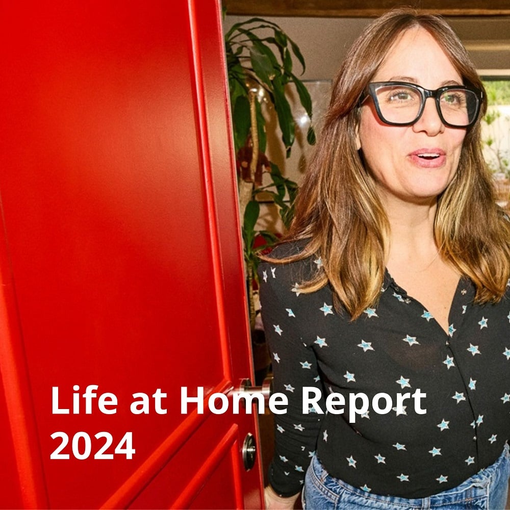 Woman is opening the red door