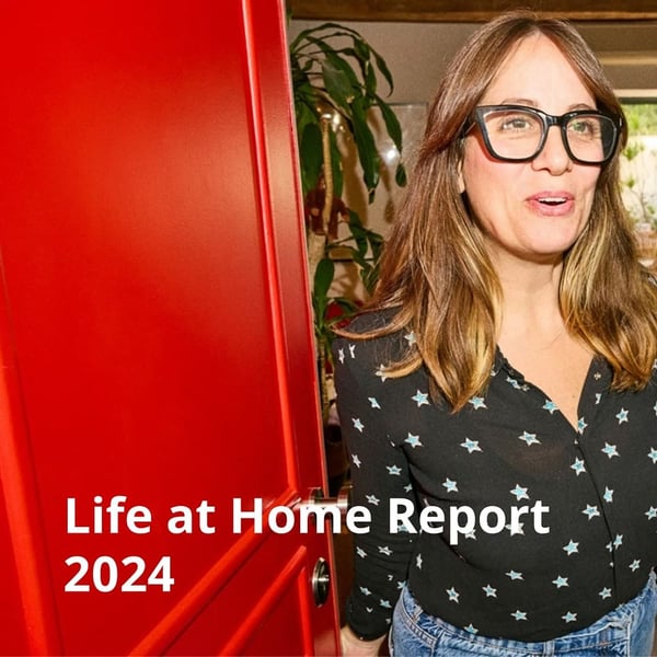 Woman is opening the red door