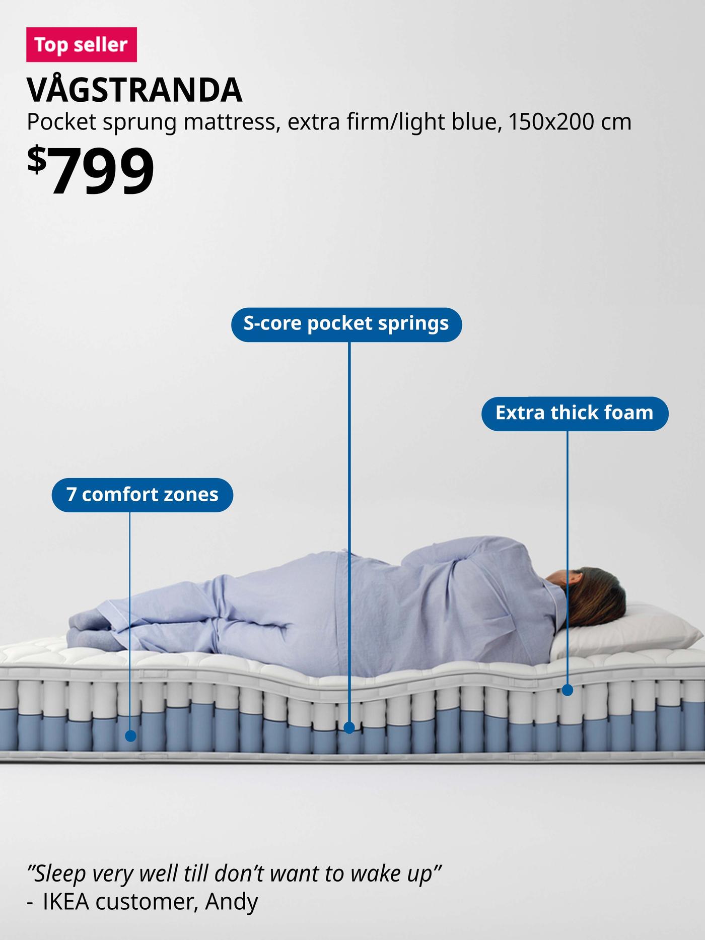 Woman lying on VÅGSTRANDA Pocket sprung mattress, extra firm/light blue, 150x200 cm. Price: $799. 7 comfort zones.