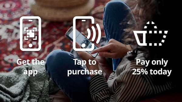 Woman using the Cash App Afterpay app on her phone. 1. Get the app, 2. Tap to purchase, 3. Pay only 25% today