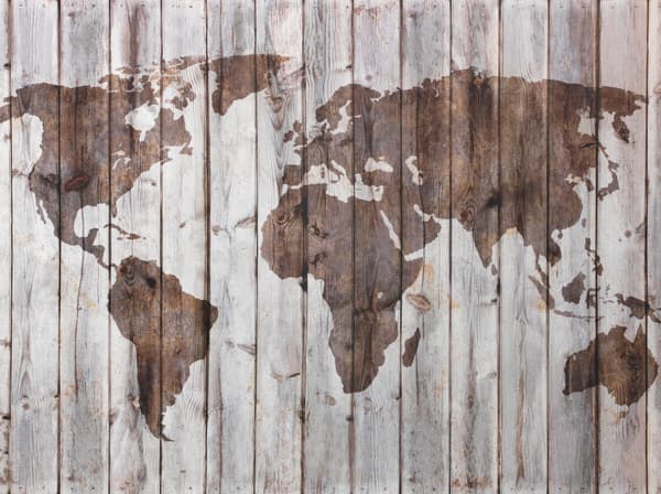Wood panels that are painted to show the continents of the world.