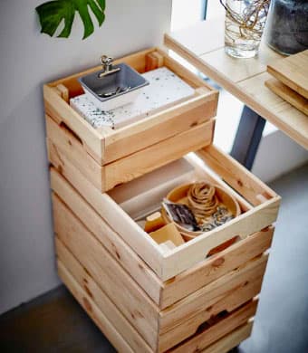 Wooden crate boxes of different sizes stacked