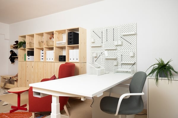 Work area in a psychologist’s office with IKEA cabinets, decorative plants, and seating.