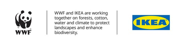 โลโก้ World Wildlife Fund เป็นรูปแพนด้าและข้อความ “ทำงานกับอิเกียเพื่อฝ้าย ป่าไม้ และน้ำ”