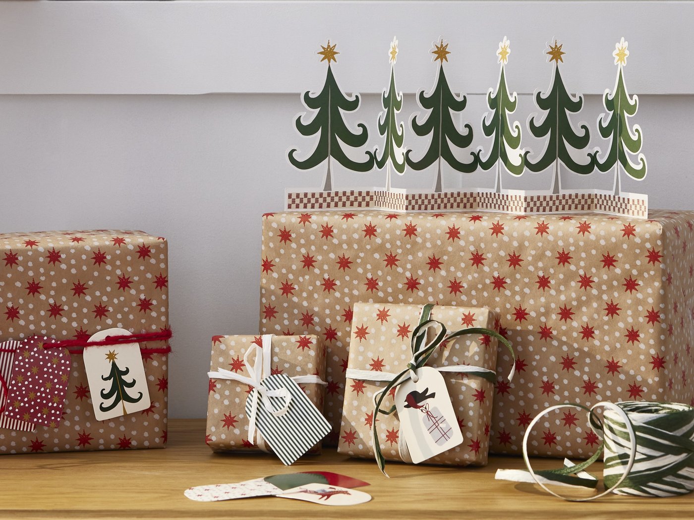 Wrapped gifts sitting on console table