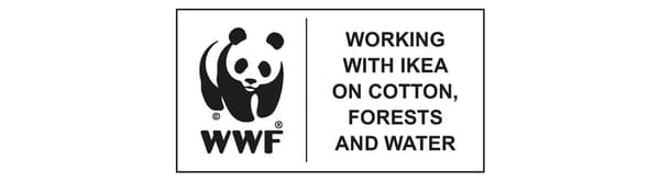 책임감 있는 목화 재배, 산림, 수자원 관리에 관한 WWF와 IKEA의 협업을 상징하는 그래픽 심볼