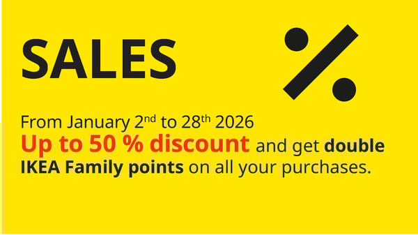 Yellow background sale banner: Winter 2026 sale: 50% off furniture and double IKEA Family points on all purchases.