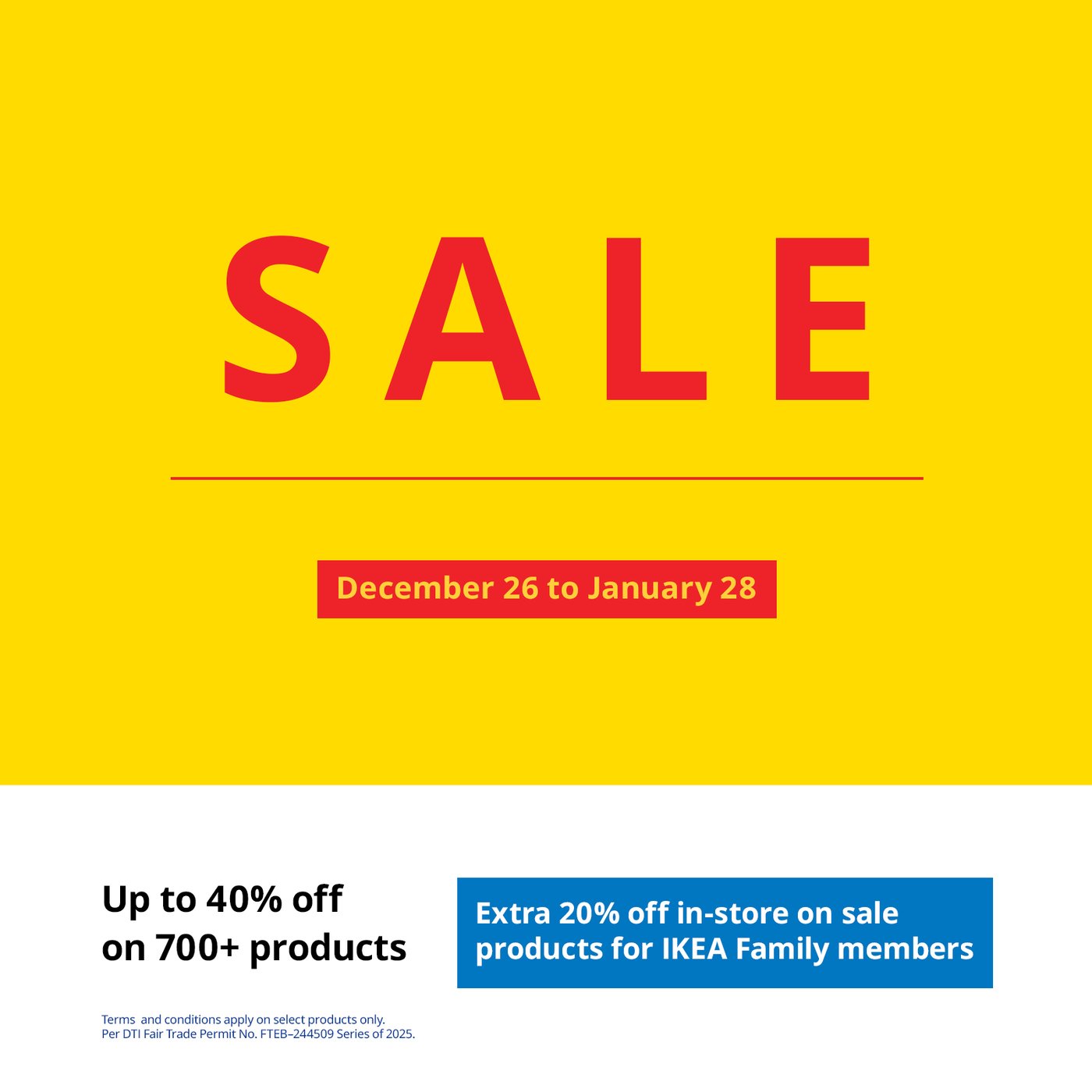 Yellow background with large red "SALE" text, sale dates December 26 to January 28, and discount details including extra 20% off for IKEA Family members.