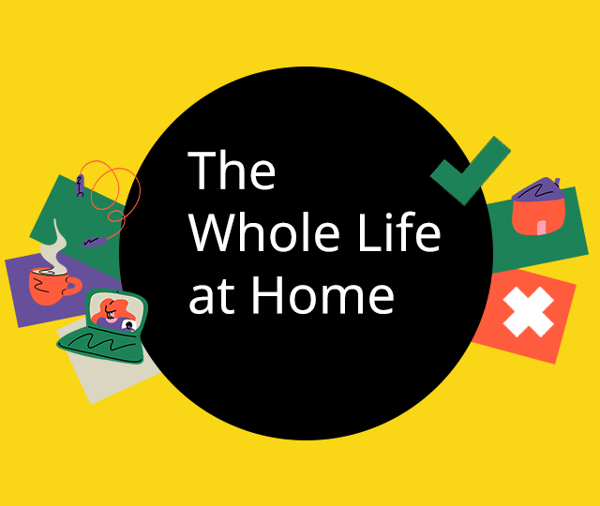 Yellow background with white text in black round area