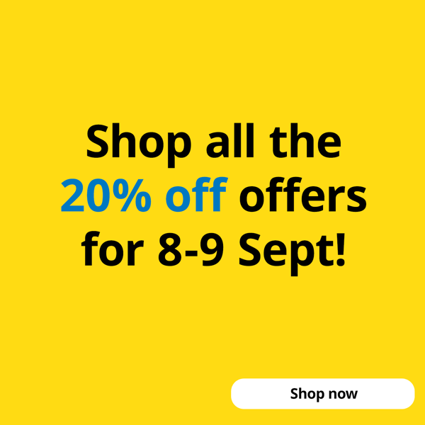 Yellow box with text "Shop all the 20% off offers for 8-9 Sept!"