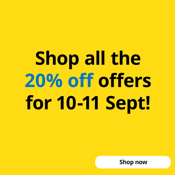 Yellow box with text that reads "Shop all the 20% off offers for 10-11 Sept!"