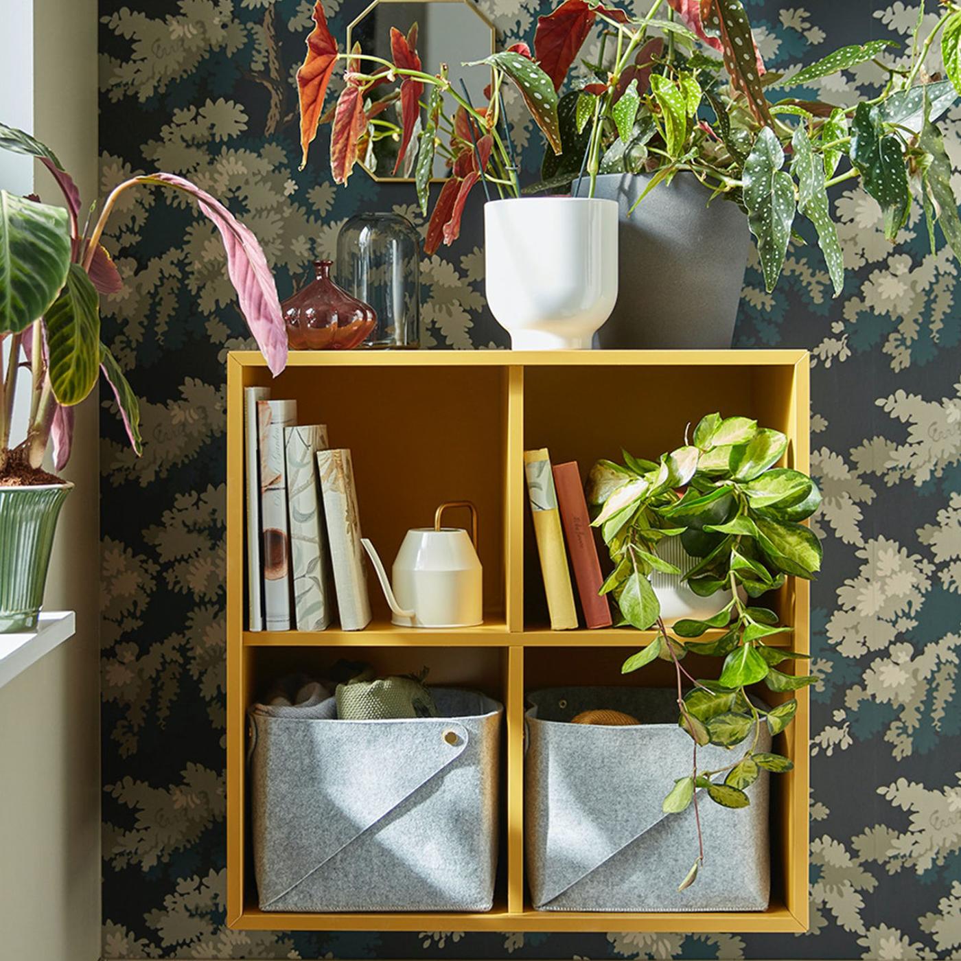 Yellow EKET cabinet with plants and storage boxes
