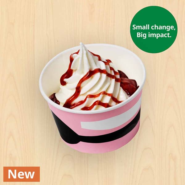 Yoghurt ice-cream cup with lingonberry sauce (plant-based) in a cup, with sustainability message 