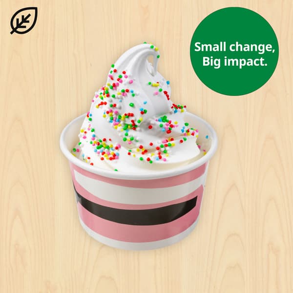 Yogurt twisted ice cream (plant-based) in a cup, with sustainability message 