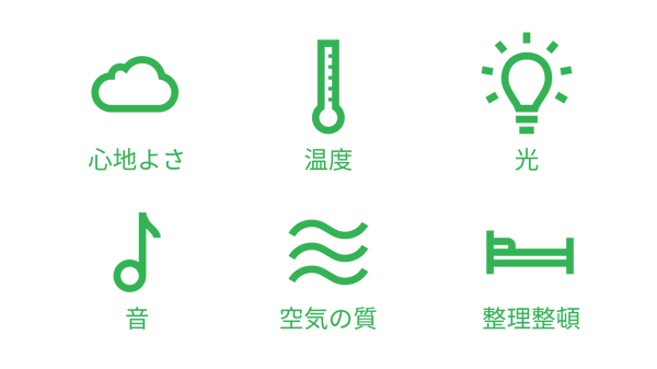 より良い睡眠の6つの要素は心地よさ、温度、光、音、空気の質、整理整頓。