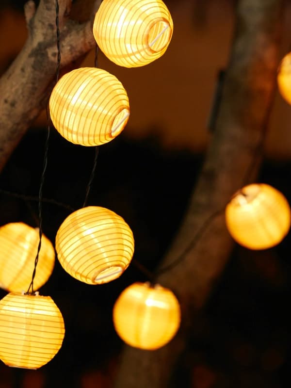 Zapalona girlanda LED SOLVINDEN zawieszona na drzewie.