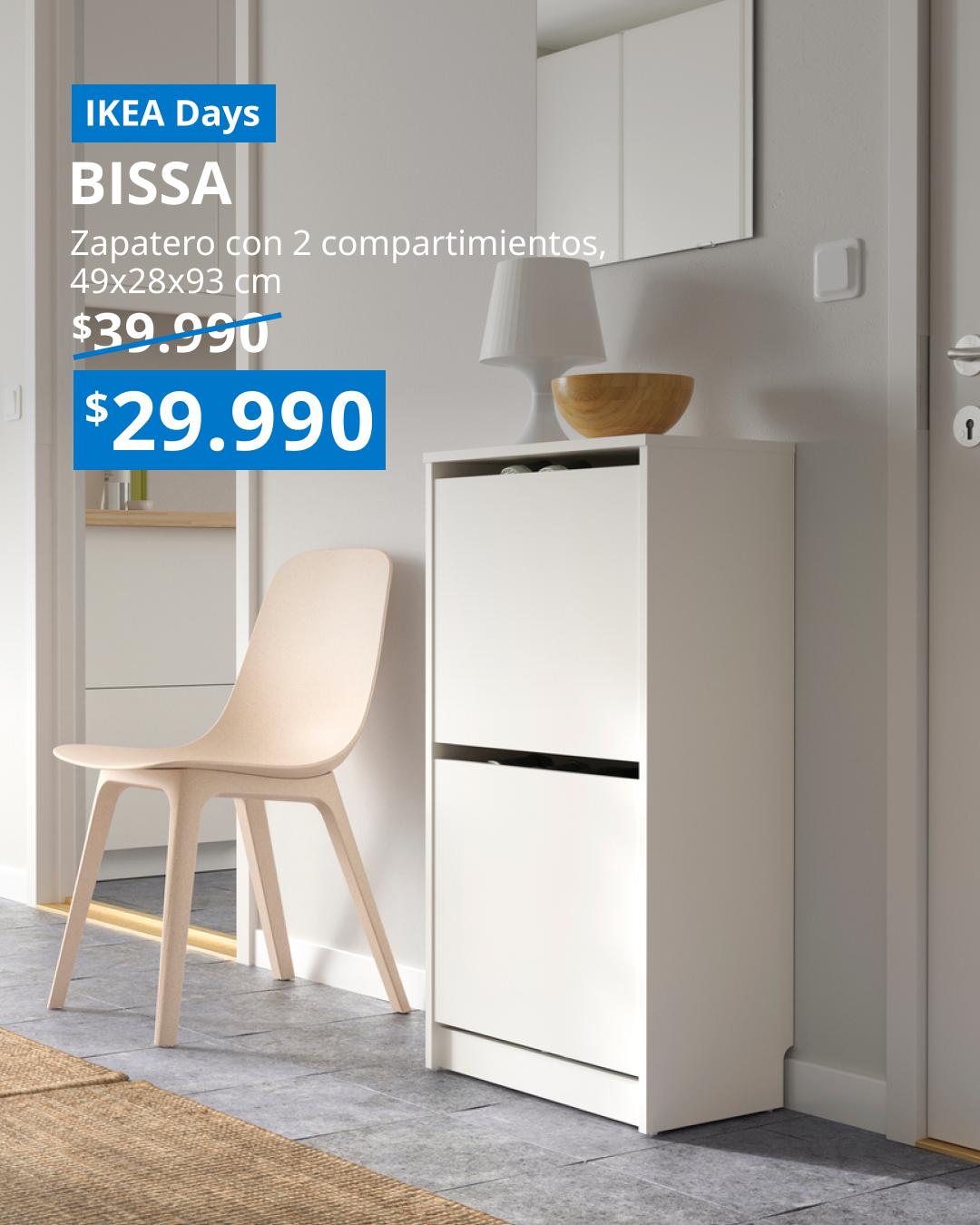 Zapatero BISSA blanco con 2 compartimentos, de 49x28x93 cm, diseñado para almacenar y organizar calzado en espacios reducidos.