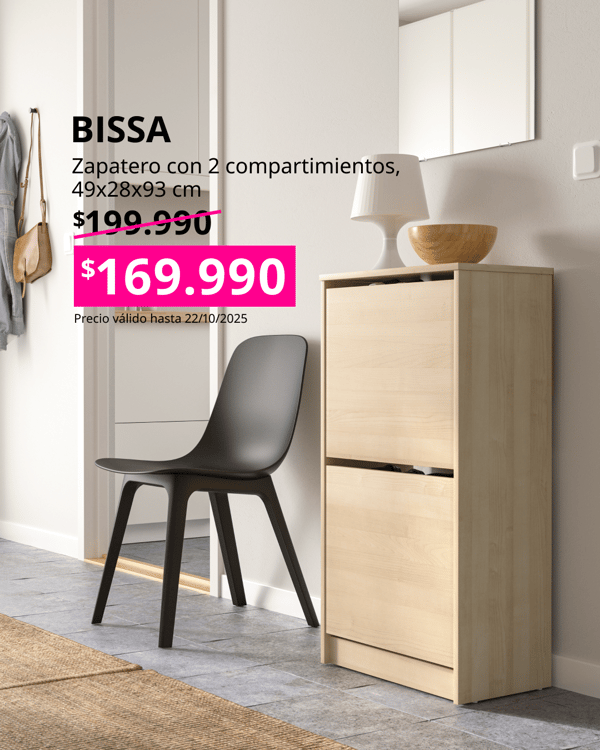 Zapatero de madera BISSA con precio oferta en cuadrado fucsia.
