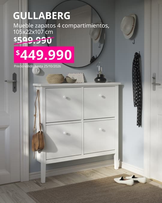 Zapatero GULLABERG blanco con cuatro compartimentos y diseño compacto de 105x22x107 cm.