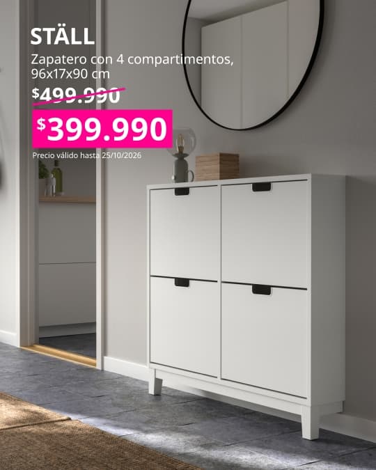 Zapatero STÄLL blanco con cuatro compartimentos, medidas 96x17x90 cm, para organizar calzado.