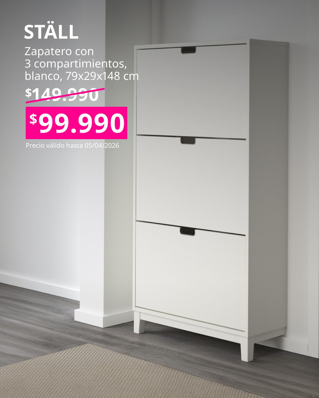Zapatero STÄLL blanco de 3 compartimientos en un ambiente minimalista con precio rebajado a $99.990.