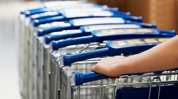 Zaposlitev v podjetju IKEA: Zaposleni/-a podjetja IKEA potiska več vozičkov čez trgovino IKEA.