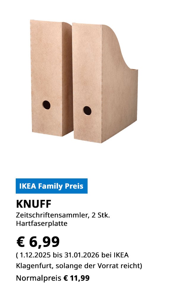 Zeitschriftensammler Knuff, aus Hartfaserplatte, 2 Stück, statt €  11,99 zum IKEA Family Preis von € 6,99.