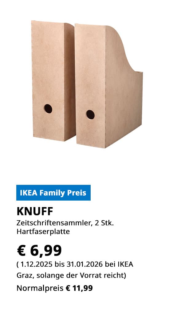 Zeitschriftensammler Knuff, aus Hartfaserplatte, 2 Stück, statt €  11,99 zum IKEA Family Preis von € 6,99.