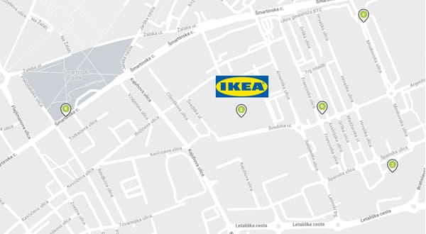 Zemljevid z vrisano lokacijo trgovine IKEA.