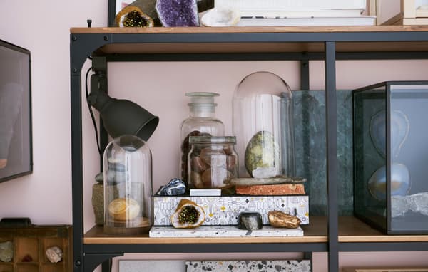 Zoomed in image of a section of a shelf featuring a HEKTAR lamp and display domes from the SAMMANHANG collection.