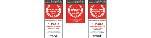 Zu sehen sind 3 Teststieger Grafiken für IKEA.at für 2025, alle ausgestellt von der ÖGVS (Gesellschaft für Verbraucherstudien GmbH): 1. Platz Kundenzufriedenheit für Möbel (online-Shop), App Award Top 20%, 1. Platz Kundenzufriedenheit Matratzenhändler 
