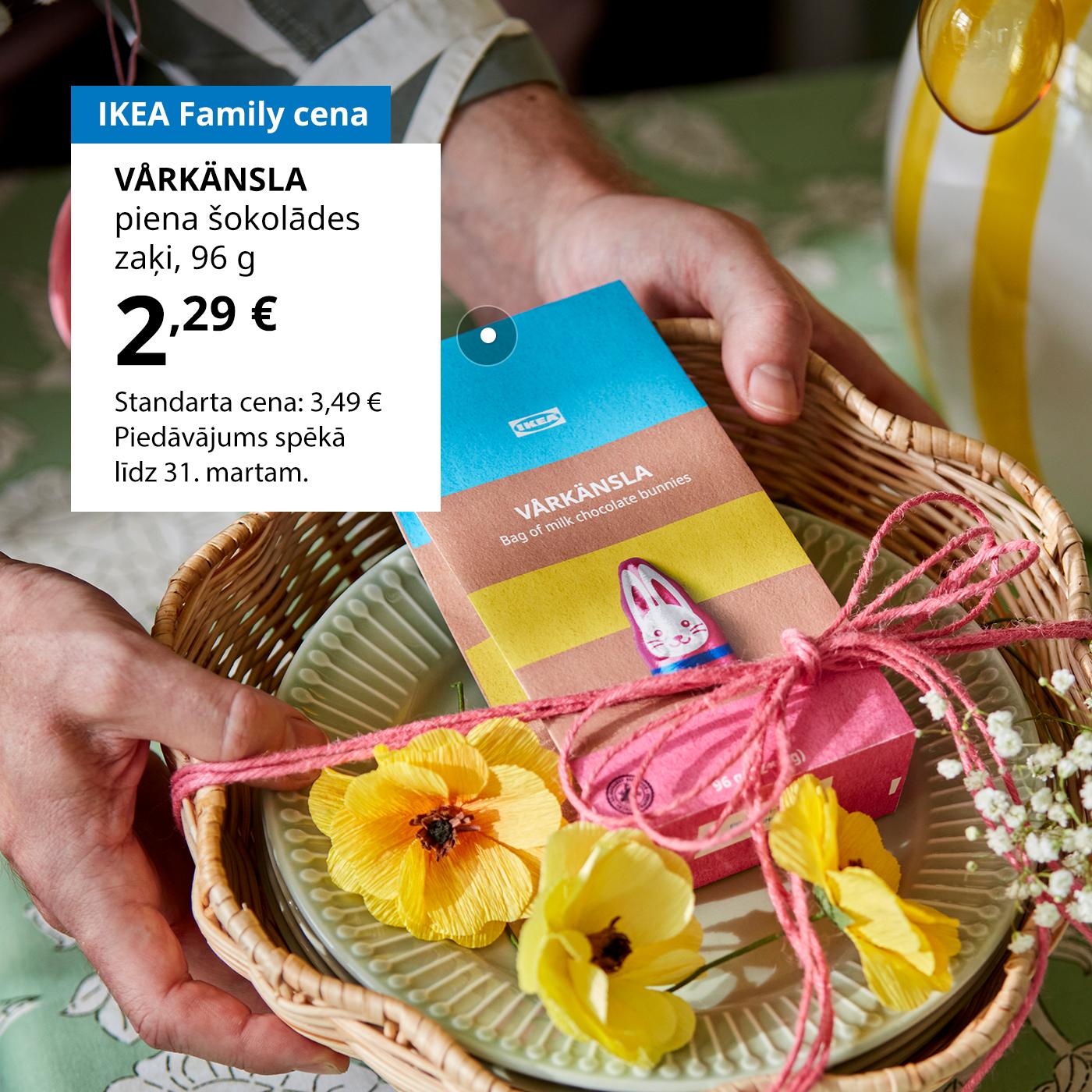 Zviedrijas pārtikas preču veikala gardais piedāvājums IKEA Family kluba biedriem:  VÅRKÄNSLA piena šokolādes zaķi par 2,29 € (standarta cena: 3,49 €).