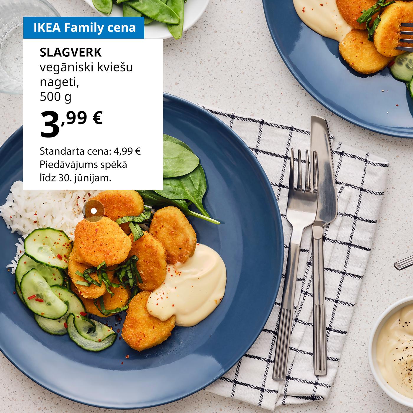 Zviedrijas pārtikas preču veikala gardais piedāvājums IKEA Family kluba biedriem:  SLAGVERK vegāniskie kviešu nageti par 3,99 € (standarta cena: 4,99 €).