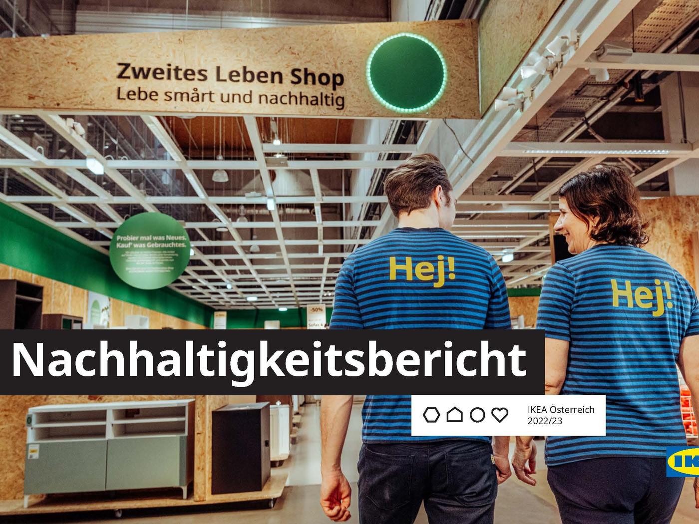 Zwei Ikea Mitarbeiter in Blauen T-shirts gehen durch einen Ikea Store. Darüber ist eine Grafik gelegt auf welcher "Nachhaltigkeitsbericht" geschrrieben wurde
