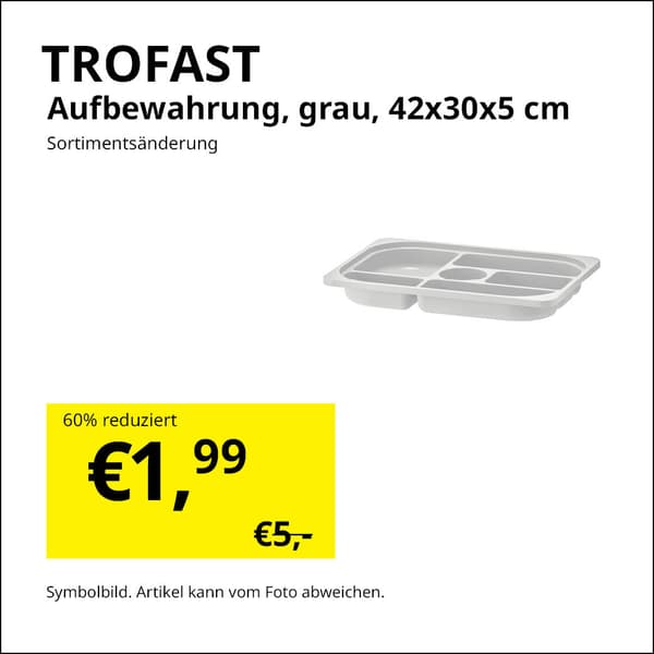 Zweites Leben Shop Angebot
TROFAST Aufbewahrungskasten mit Fächer, grau, 42x30x5 cm
Reduzierter Preis: 1,99€, vorheriger Preis 5,-€