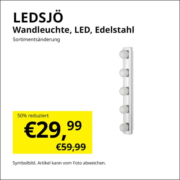 Zweites Leben Shop Angebot
Wandleuchte, LED Edelstahl
Reduzierter Preis: 29,99€, vorheriger Preis 59,99€