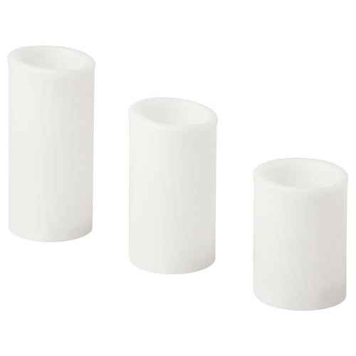 Three white led candles of varying heights, cylindrical shape, minimalist design.