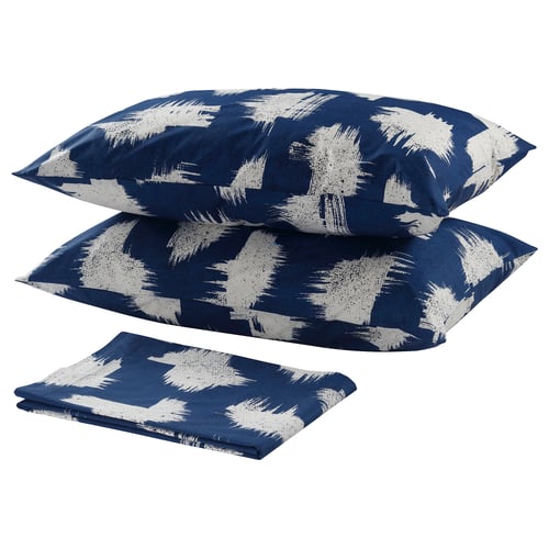 ÄNGLATÅRAR bedding set with blue and white brushstroke design, featuring two pillows and a folded fitted sheet, all made of 100% cotton.
