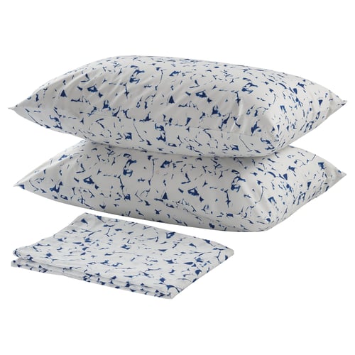 Blue patterned cotton bedding set including two pillows and a fitted sheet.