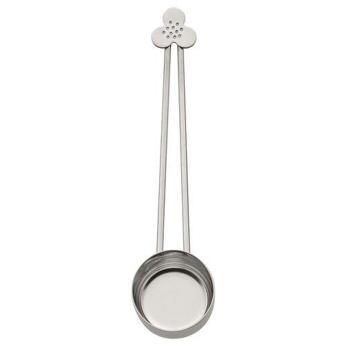 Silver ÄNGSBLÅVINGE tea/coffee measure. Sleek handle ends in flower shape, round scoop at bottom.