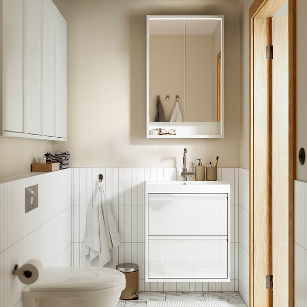 ÄNGSJÖN / BACKSJÖN Wash-stnd w drawers/wash-basin/tap, high-gloss white, 60x48x69 cm