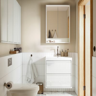 ÄNGSJÖN / BACKSJÖN Wash-stnd w drawers/wash-basin/tap, high-gloss white, 60x48x69 cm